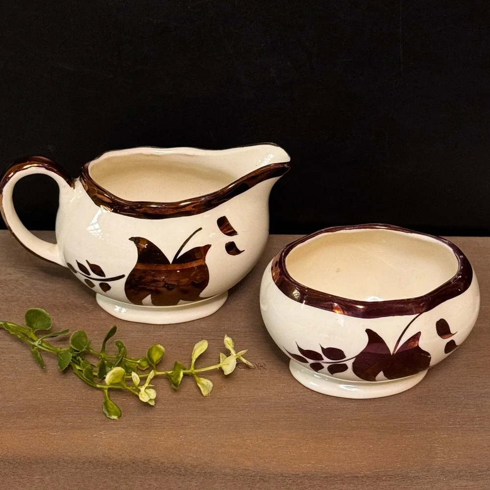 Lancaster Sandland England Copper Luster Cream and Sugar Set Leaf Design Vintage